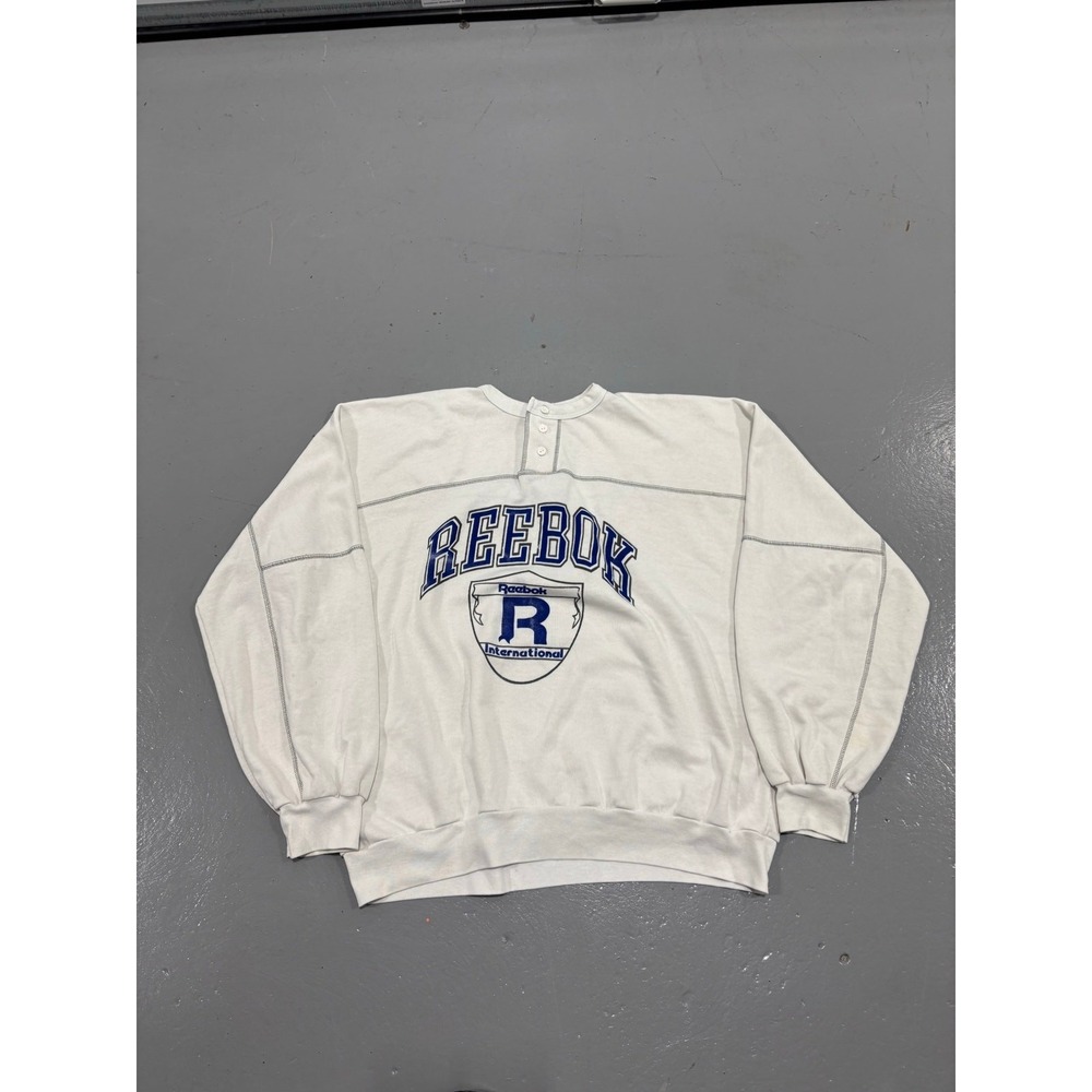 Vtg 90s Reebok Center Logo Henley Pullover Contrast Stitch Made in USA XL White